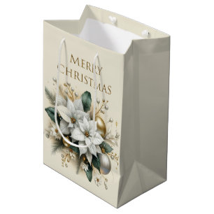 Elegant Christmas White Poinsettia Flower Gift Bag