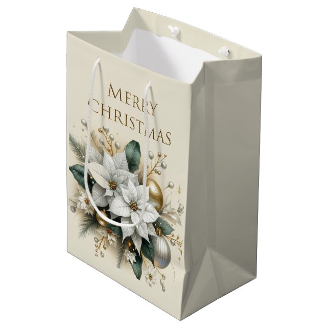 Elegant Christmas White Poinsettia Flower Gift Bag (Front Angled)