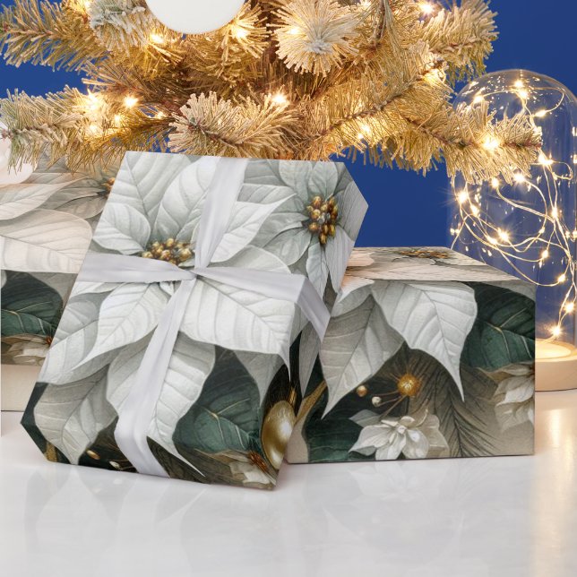 Elegant Christmas White  Poinsettia Flower  Wrapping Paper (Holidays)