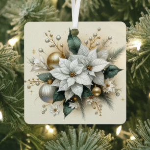Elegant Christmas White Poinsettia with Gold  Metal Tree Decoration