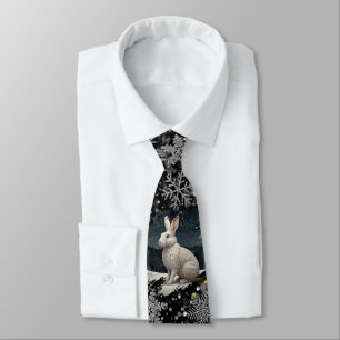 Elegant Christmas white rabbit silver snowflakes Tie