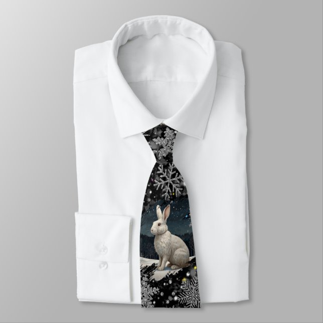 Elegant Christmas white rabbit silver snowflakes Tie (Tied)