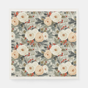 Elegant Christmas White Roses & Red Winter Berry  Napkin