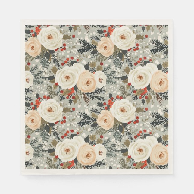 Elegant Christmas White Roses & Red Winter Berry  Napkin (Front)