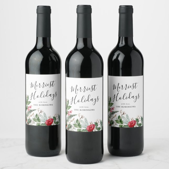 Elegant Christmas Winter Botanical Foliage Wine Label (Bottles)