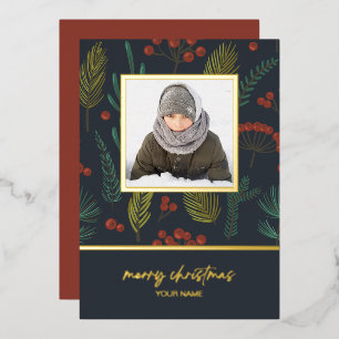Elegant Christmas Winter Botanical Greenery Photo  Foil Holiday Card