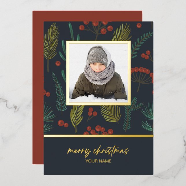 Elegant Christmas Winter Botanical Greenery Photo  Foil Holiday Card (Front/Back)