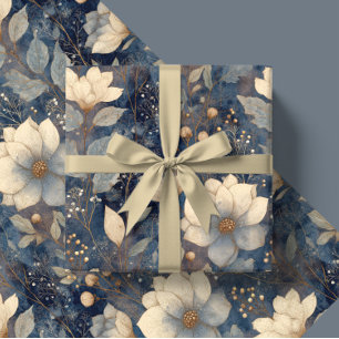 Elegant Christmas Winter Cream And Navy Floral Wrapping Paper