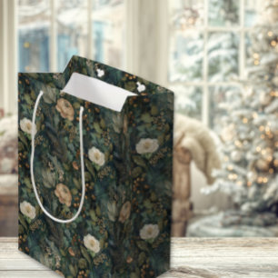 Elegant Christmas Winter Green and Cream Floral Medium Gift Bag