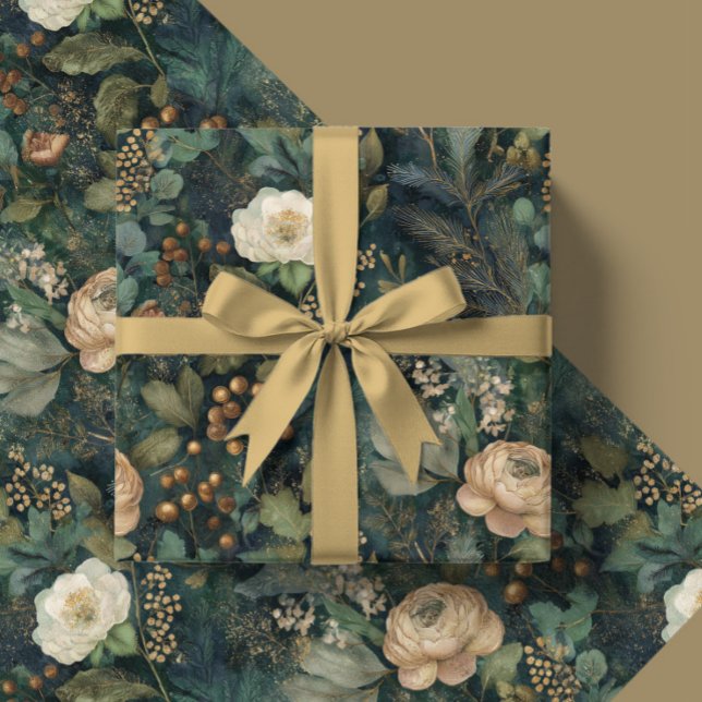 Elegant Christmas Winter Green and Cream Floral Wrapping Paper (Creator Uploaded)