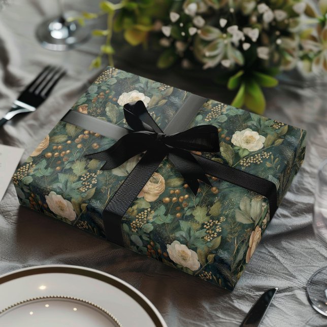 Elegant Christmas Winter Green and Cream Floral Wrapping Paper Sheet (Creator Uploaded)