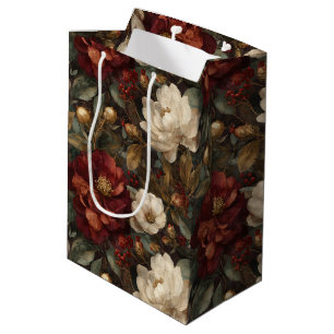 Elegant Christmas Winter Red and Cream Floral Medium Gift Bag