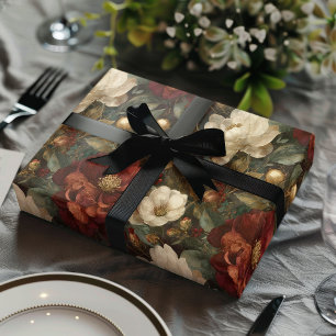 Elegant Christmas Winter Red and Cream Floral Wrapping Paper
