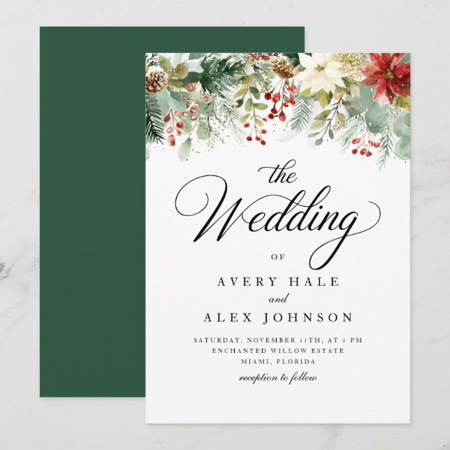 Elegant Christmas Winter Watercolor Wedding  Invitation (Front/Back)