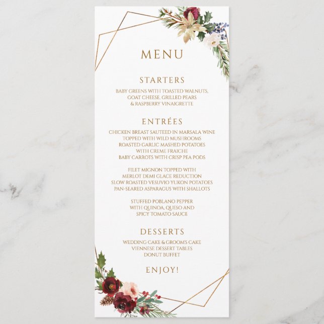 Elegant Christmas Winter Wedding Burgundy Gold Menu (Front)