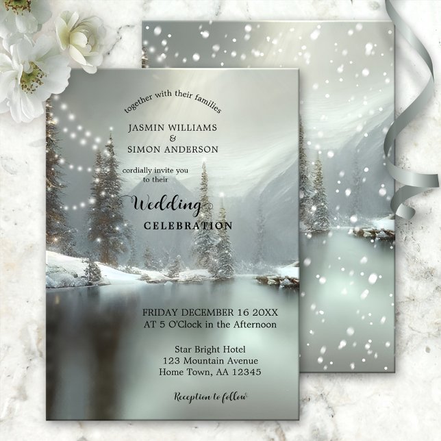 Elegant Christmas Winter Wonderland Wedding  Invitation (Wedding invitation featuring a dreamy winter wonderland scene with sparkling lights)