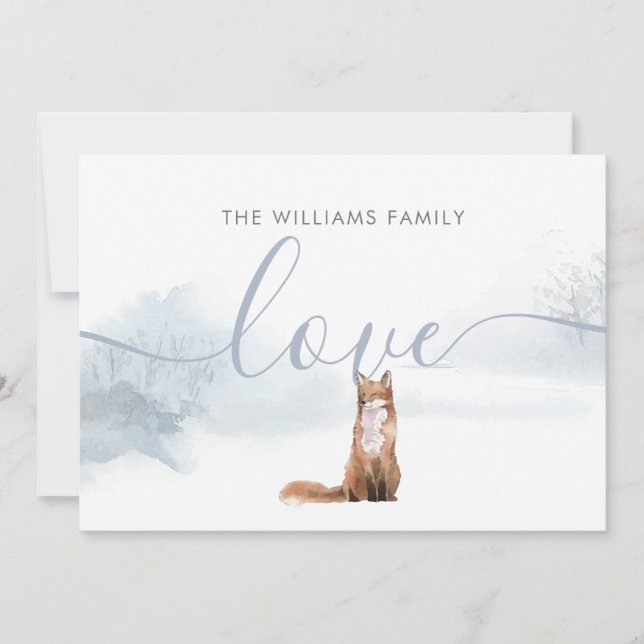 Elegant Christmas Winter Woodland Fox Family Name  Holiday Card (Front)