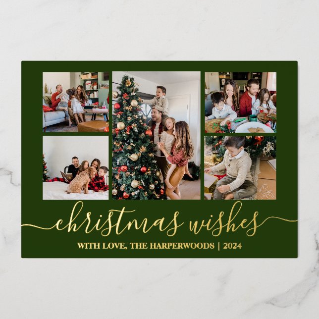 Elegant Christmas Wishes Family Photo Collage Foil Holiday Card (Front)