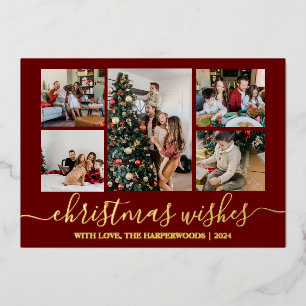 Elegant Christmas Wishes Family Photo Collage Foil Holiday Card