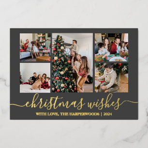 Elegant Christmas Wishes Family Photo Collage Foil Holiday Card