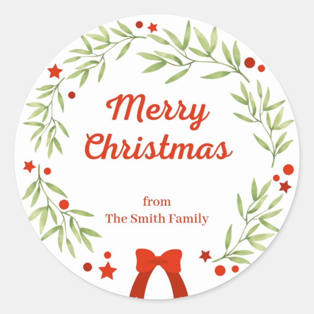 Elegant Christmas wreath and stars Classic Round Sticker (Front)