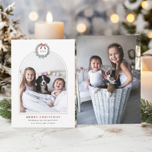 Elegant Christmas Wreath Arched Family 2 Photo Holiday Card