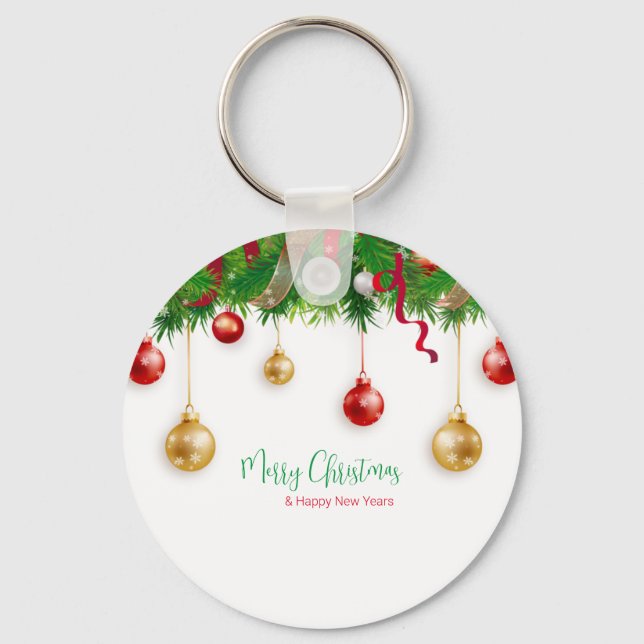 Elegant  Christmas Wreath Boarder with Ornaments  Key Ring (Front)