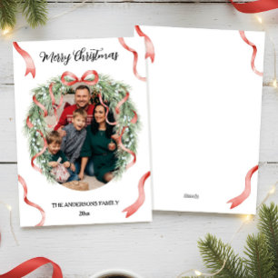Elegant Christmas Wreath Bow Family Photo Custom Holiday Card