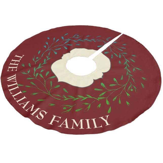 Elegant Christmas Wreath Burgundy Family Name Brushed Polyester Tree Skirt (Angled)