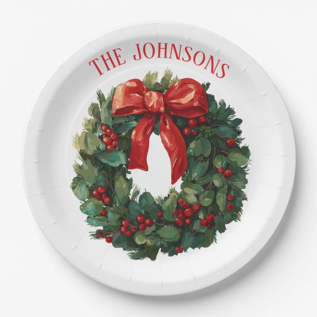 Elegant Christmas Wreath Custom Name Paper Plates (Front)