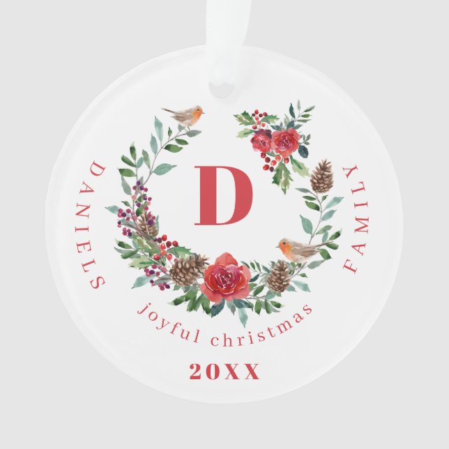 Elegant Christmas wreath family monogram photo Ornament (Front)