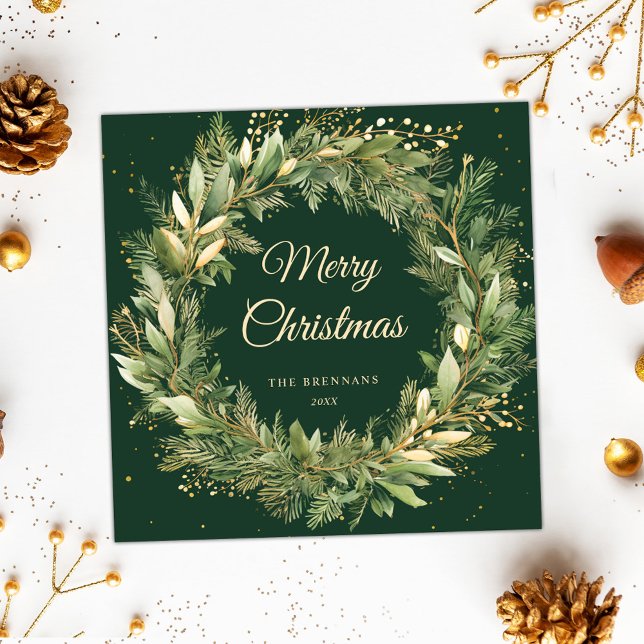 Elegant Christmas Wreath Green Botanical Greenery Holiday Card (Elegant Christmas Wreath Green Botanical Greenery Holiday Card)