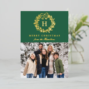 Elegant Christmas Wreath Green Monogram 4 Photo Foil Holiday Card
