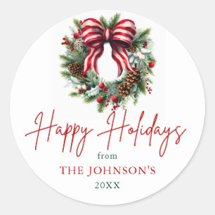 Elegant Christmas Wreath Happy Holidays Classic Round Sticker