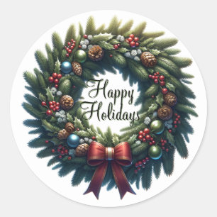 Elegant Christmas Wreath Happy Holidays Classic Round Sticker