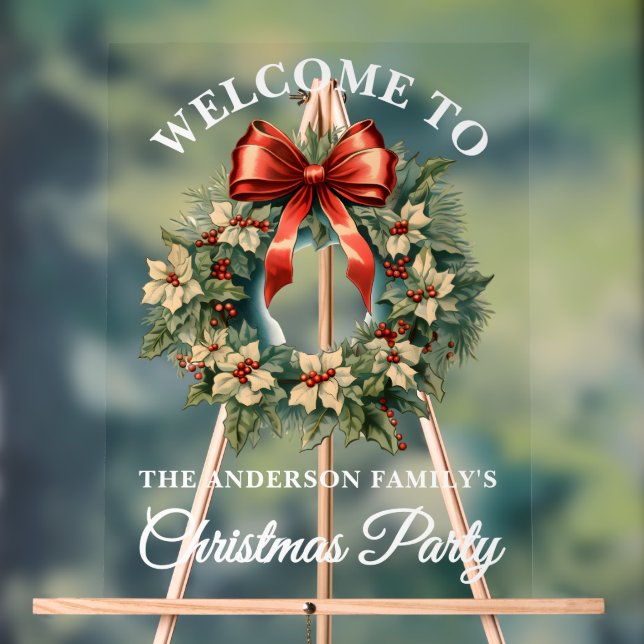 Elegant Christmas Wreath Holiday Party Welcome Acrylic Sign (Neutral)