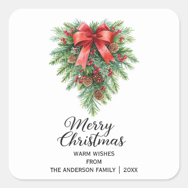 Elegant Christmas Wreath Holiday Square Sticker (Front)