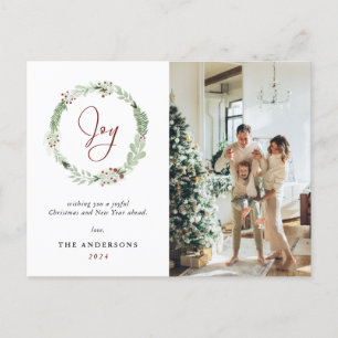 Elegant Christmas Wreath Joy Botanical Holiday Postcard