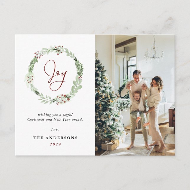 Elegant Christmas Wreath Joy Botanical Holiday Postcard (Front)