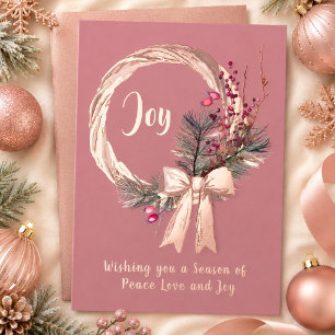 Elegant Christmas Wreath Joy Christmas Rose Gold Foil Holiday Card
