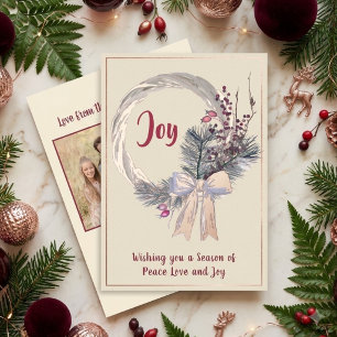 Elegant Christmas Wreath Joy Christmas Rose Gold Foil Holiday Card