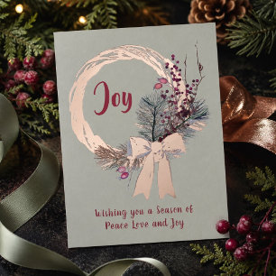 Elegant Christmas Wreath Joy Christmas Rose Gold Foil Holiday Card