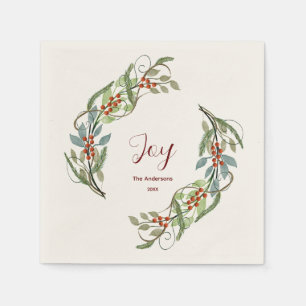 Elegant Christmas Wreath Joy Personalised Name Napkin