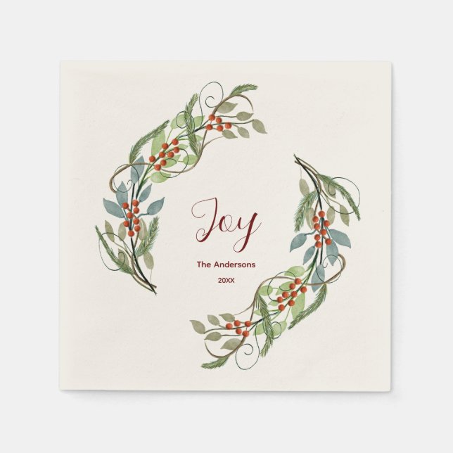 Elegant Christmas Wreath Joy Personalised Name Napkin (Front)