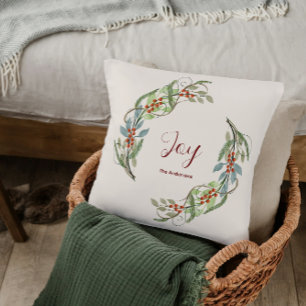 Elegant Christmas Wreath Joy Personalized Name Cushion