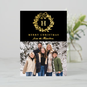 Elegant Christmas Wreath Monogram Black Photo Foil Holiday Card