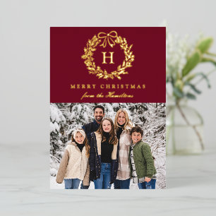 Elegant Christmas Wreath Monogram Burgundy 4 Photo Foil Holiday Card