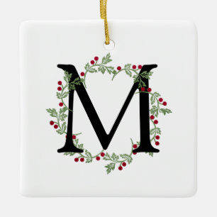 Elegant Christmas Wreath Monogram Ceramic Ornament