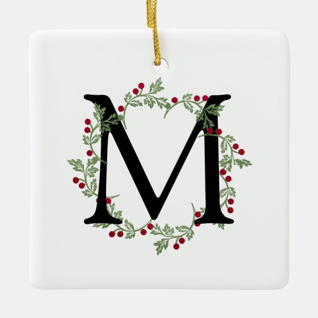 Elegant Christmas Wreath Monogram Ceramic Ornament (Front)