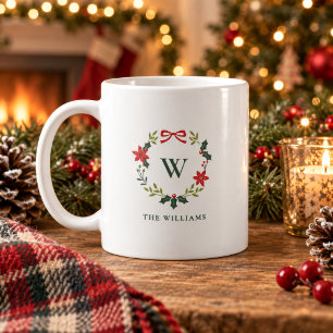 Elegant Christmas Wreath Monogram Family Name Coffee Mug